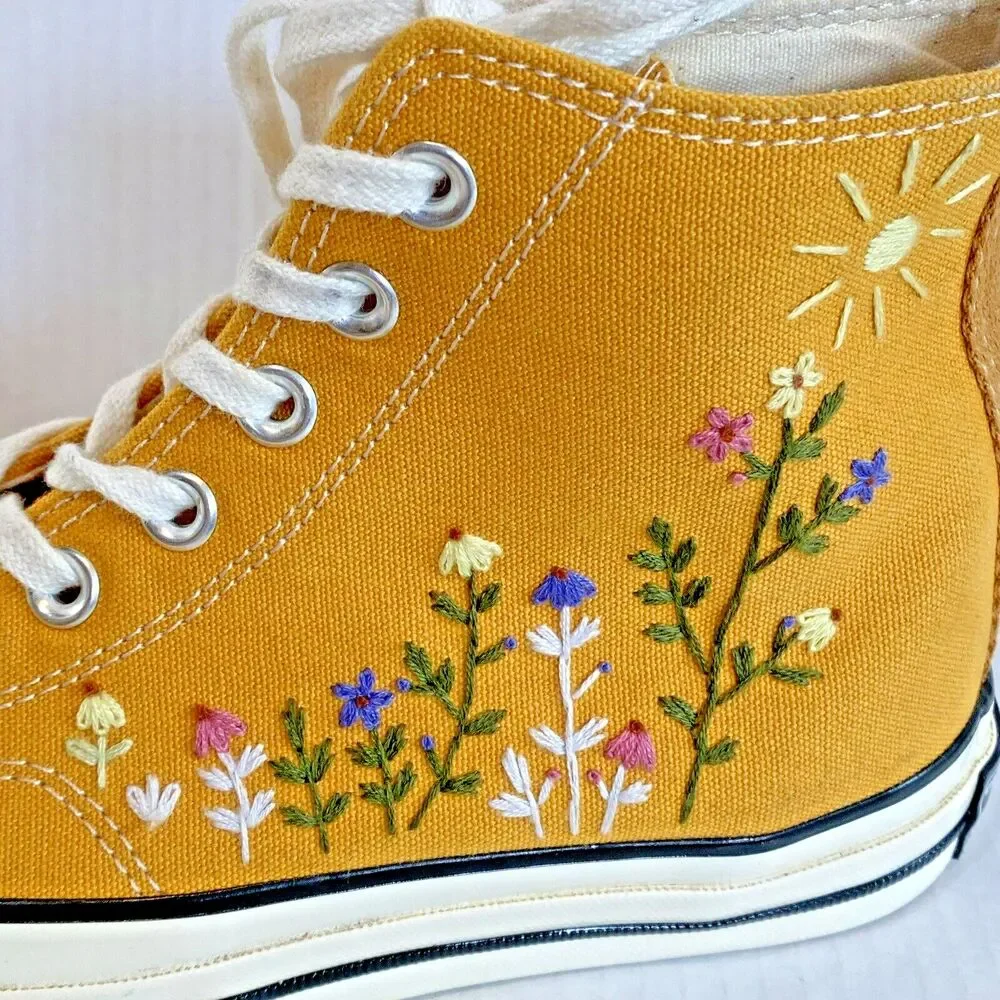 Converse Unisex Chuck Taylor All Star Hi Yellow Floral Embroidery Shoes Sneakers